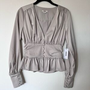 NWT Jason Wu Silver Grey Satin Button Down Babydoll Long Sleeve Blouse